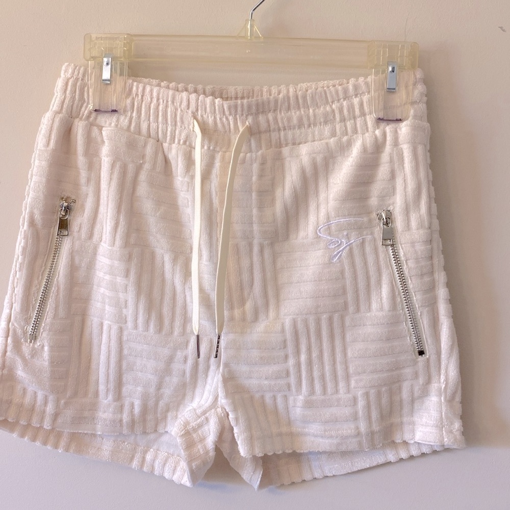 Shane Justin women’s textured beige shorts wide elastic waist zipper pockets L